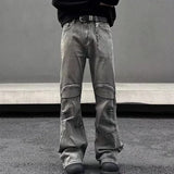 Bonsir Y2K Streetwear Vintage Grey Pleated Flare Jeans Pants For Men Designer Clothes Old Harajuku Luxury Goth Long Trousers