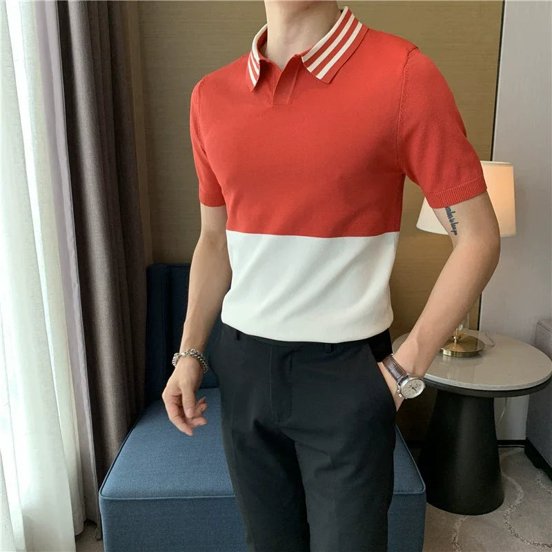 Bonsir Summer V-Neck Spliced Knitted Polo Shirts Men High Quality Short Sleeve Ice Silk Elasticity Casual Lapel Tee Tops 3XL-M