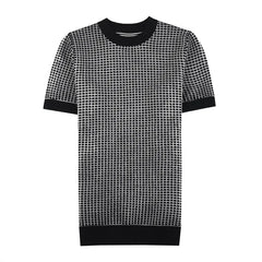 Bonsir Autumn New Checkered Crew Neck Casual Short Sleeve T-Shirt High Quality Knitted Sweater Tops  Streetwear Social Casual Tee Shirt