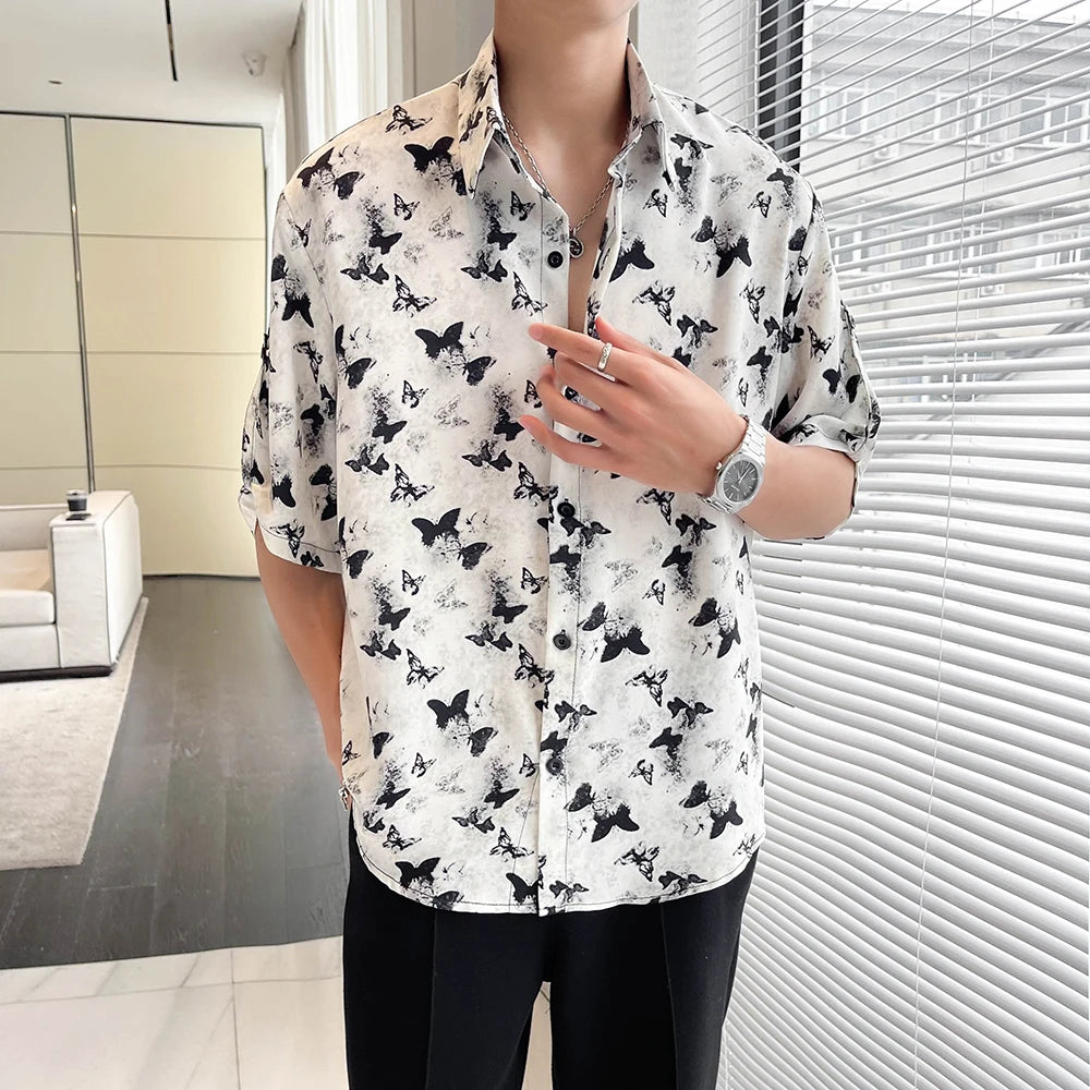 Bonsir Men's Korean Butterfly Printed Shirt Seaside Vacation Casual Tops Beach Clothing short-sleeved shirts youth personality tops