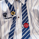 BONSIR  -  Blue Striped with Tie Men's Long Sleeved Shirt College Style Design Lapel Male Blouse Spring Autumn Loose Casual Top