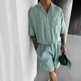BONSIR  -  Summer New Casual Men's Suits Pocket Design Loose Vintage Turn-down Collar Short Sleeve Shirt and Shorts Men Two Piece Set