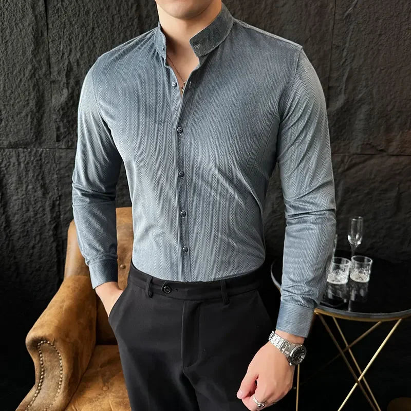 Bonsir Autumn Winter Velvet Men's Shirt Fashion Stripe Standing Collar Long Sleeved Casual Slim Fit Shirt Formal Business Social Tuxedo