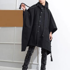 Bonsir Mens Dark Style Mid-Length Casual Hooded Cape Autumn And Winter Genderless Fashion Retro Loose Solid Color Shawl Cape Unisex