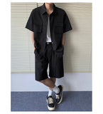 BONSIR  -  Men Relaxed Summer Outfit Set  Short-Sleeve Button-Up Shirt  Matching Shorts Two-Pocket Casual Comfort  Beach Travel Daily Wear
