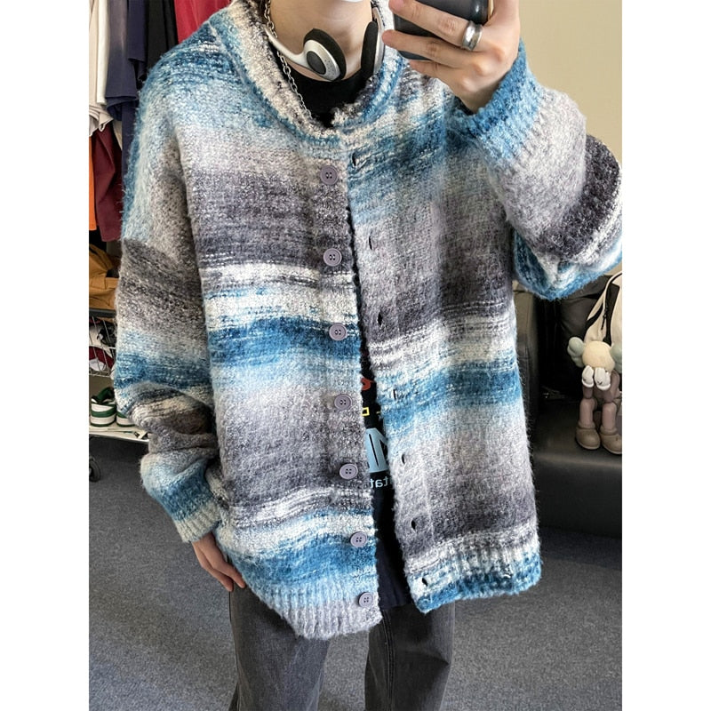 Bonsir New Retro Striped Tie-dye Contrast Color Knitted Sweater Couple Sweater Cardigan winter Trend Korean style Loose Men's Coat