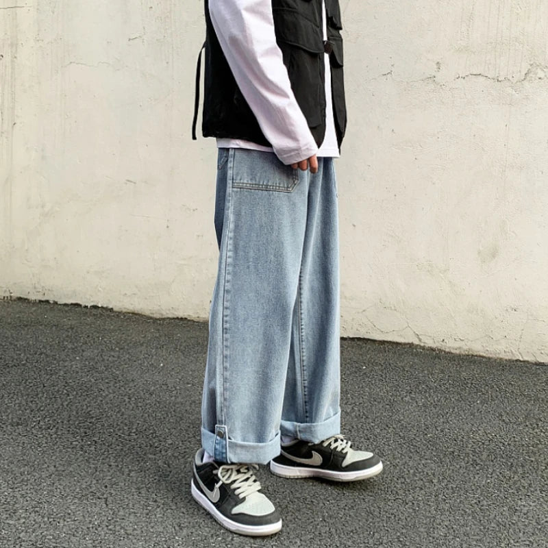 Bonsir Spring New Wide-leg Jeans Men's Straight Loose Pants Hong Kong Style Trend Retro Trousers Bottom Buckle Ankle-length pants