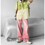 BONSIR  -  Fake Two Pieces Summer New Men's Turn-down Collar Button Spliced Pockets Striped Letter Shirt Short Sleeve Trendy Loose Tops