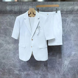 BONSIR  -  Korean Style Men Short Sleeved Suits Jackets And Shorts Male Simple Solid Houndstooth Fabric Comfortable Slim Fit Two-piece Sets