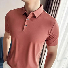 Bonsir Summer Ice Silk Seamless Polo Shirts For Men High Elasticity Thin Dark Stripes Solid Casual Slim Fit Short Sleeved T-shirt