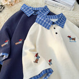 BONSIR  -  Korean Dog Embroidery Plaid Polo Short Sleeve T-Shirt 2025 Summer Retro Couple T-shirts Splicing Fake Two Pieces Simple Tops