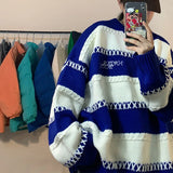 Bonsir Patchwork Striped Men's Knitted Sweater Blue Pullovers Punk Black Sweaters Male Oversize Korean Streetwear Hip Hop