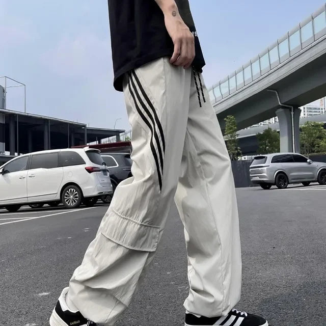 Bonsir 2024 Summer New Men's Cargo Pants American Style Striped Quick Dry Thin Version Wide Leg Loose Fit Casual Pants