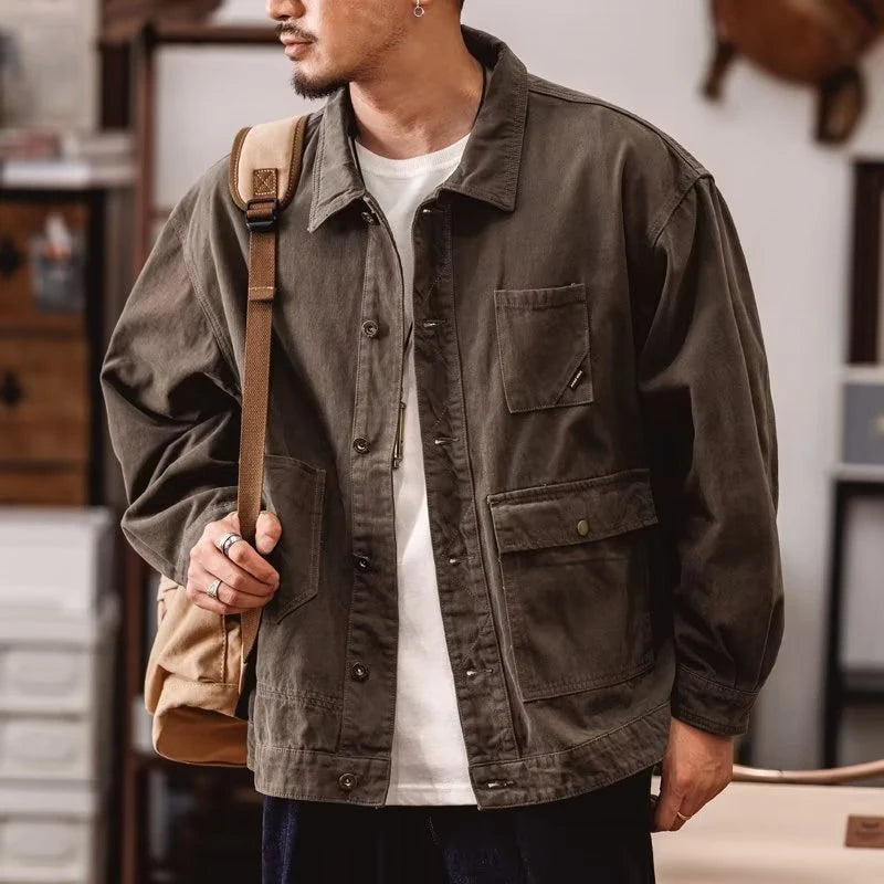 BONSIR  -  Vintage Patch Pockets Cargo Shirt Mens Jackets Casual Long Sleeve Button Lapel Jacket Coat Streetwear Men Clothes Outerwear Fall