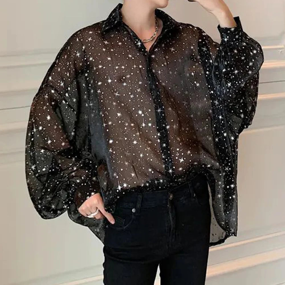 Bonsir 2024 New Starry Sky Mesh Sexy Long-sleeved Shirt Men's Loose Oversize Lapel Shirt Top Sun Protection Shirt See-through Blouse