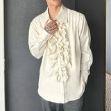 BONSIR  -  Medieval Palace Style Standing Collar Lotus Leaf Placket Long Sleeve Shirt Neutral Style Design Shirt Men's Performance Costume