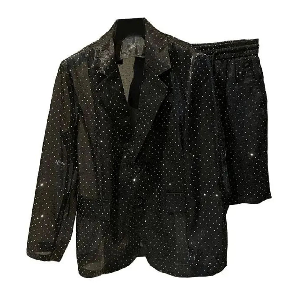 Bonsir Mens Autumn Winter Shiny Hot Diamond Thin Suit Suit New Nightclub Casual Origin See-Through Mesh Sexy Two-Piece Suit For Men