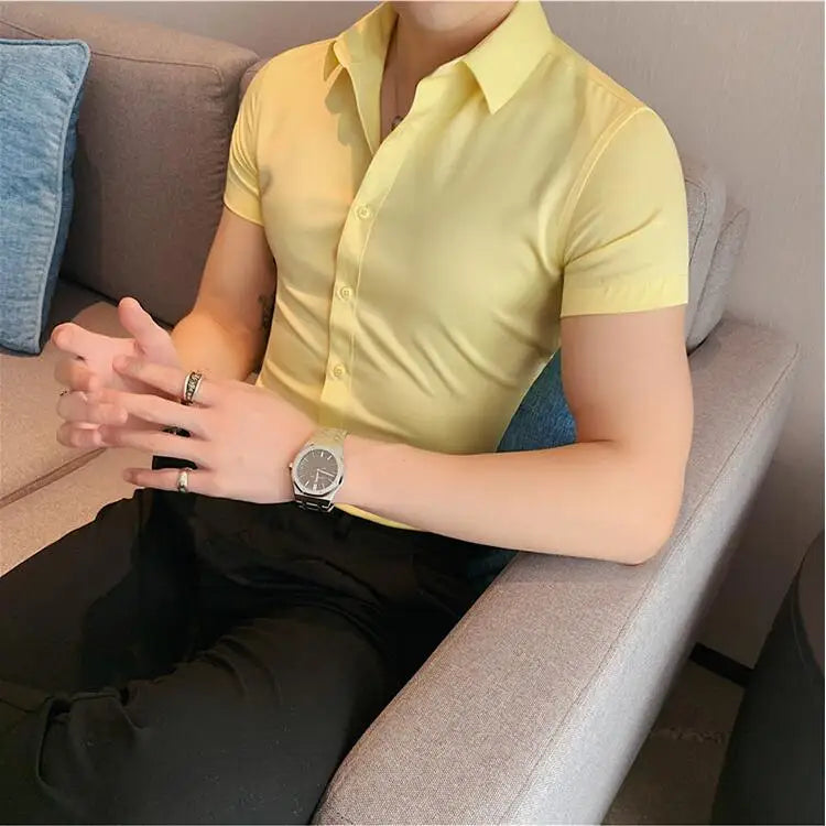 Bonsir Summer Men Fashion Casual Short Sleeve Solid Shirt Super Slim Fit Male Social Business Dress Shirt Brand Men Casual Dress Blouse