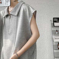 Bonsir Men Turn-down Collar Tanks Drawstring Vest Summer Simple Loose Breathable Teenager Fashion Sleeveless Casual Tops Plus Size 2XL