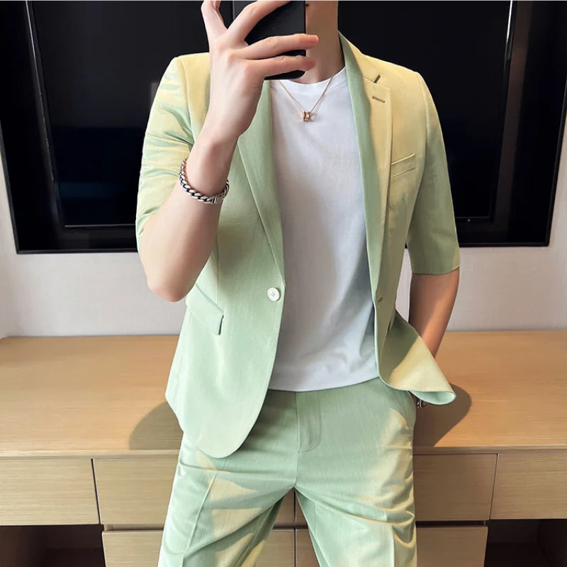 Bonsir Summer Fashion Short Sleeve Blazer Jacket Match Pant Slim Fit Solid Color 2-piece Men Casual Business Office Party Tuxedo