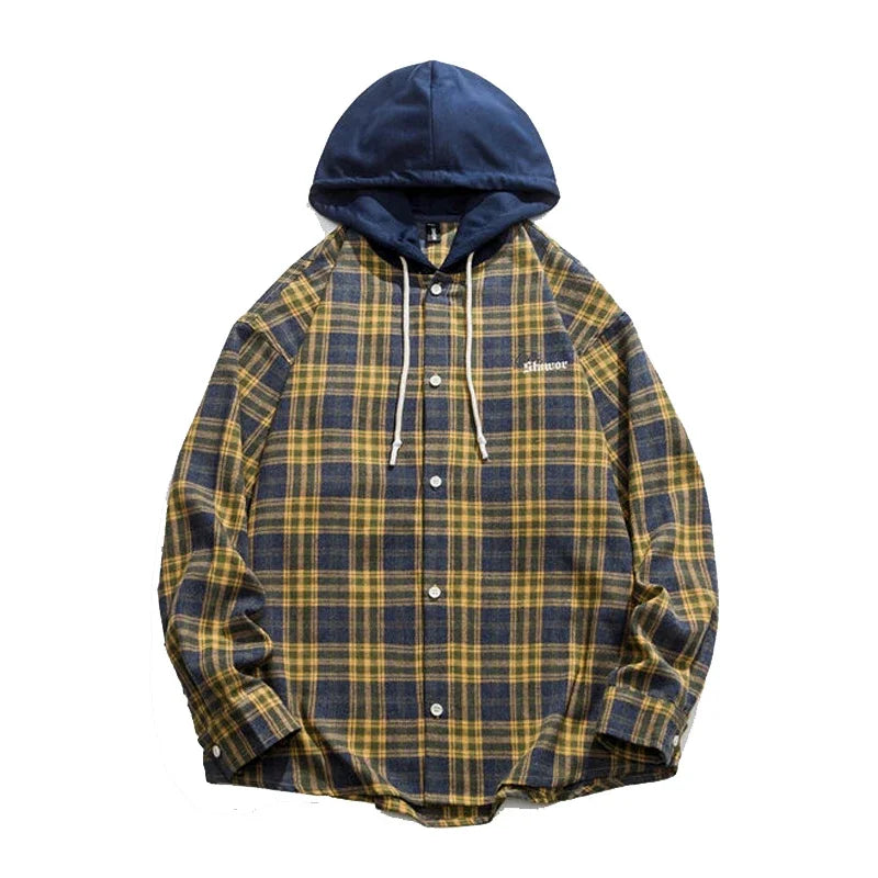 BONSIR  -  Plaid Men's Hooded Shirts Fashion Spring Casual Unisex Blouses Letter Harajuku Loose Shirts