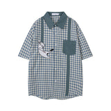 BONSIR  -  Cat Embroidery Plaid Shirts Mens Streetwear Vintage Casual Blouse Men 2025 Summer New Oversized Short Sleeve Shirts Male