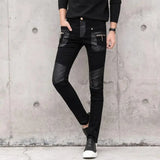 Bonsir Men Black Faux Leather Pants Slim Fit Denim Stitching PU Riding Leather Pant High Quality Fashion Men Jeans Streetwear