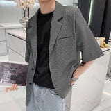 BONSIR  -  Men Plaid Blazer Lapel Half Sleeve Button Casual Suits Men Streetwear 2025 Korean Style Fashion Leisure Thin Coats S-5XL