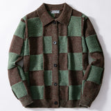 BONSIR  -  Autumn Winter New Fashion Men's Casual Trendy Turn-down Collar Long Sleeve Single-breasted Loose Plaid Knitted Sweater Coats