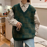 BONSIR  -  Sweater Vest Men Autumn V-neck Japanese Vintage Plaid College Knitted Fashion Loose All-match Ins Sleeveless Pullover Clothing