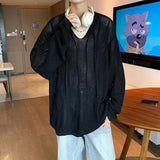 BONSIR  -  Men V-neck Long Sleeve Knit Shirts Loose Elastic Hollow knit Sweater T-shirt Slightly Transparent Knitted Sweaters Streetwear