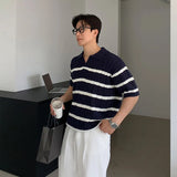 BONSIR  -  Men Fashion Stripe Lapel T-Shirt Short Sleeve Comfort Knitted Polo Shirt High Quality Coarse Fried Dough Twists Design Top