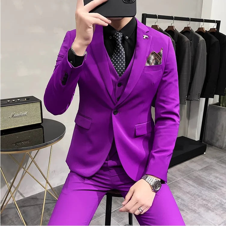 Bonsir (Jacket +Vest+Pants) New Mens Wedding Suits Groom Solid Color Formal Office Business Slim Fit Suit Tuxedos 3-Pieces Set