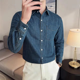 BONSIR  -  Autumn Spring Retro Popular Denim Shirt Men High Quality Pure Cotton Long Sleeve Men's Cowboy Shirts Casual One Pocket Jackets