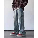 Bonsir Men Ripped Holes Cargo jeans Fashion Burrs Vintage Blue Streetwear Casual Denim Pants Unisex Hip Hop Patchwork Jean Pants