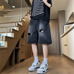 Bonsir American Style Ripped Men's Summer Thin Midwaist Versatile Loose-fit Straight-leg Denim Shorts Five-fourths Shorts