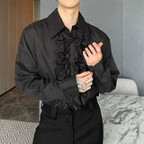 BONSIR  -  Medieval Palace Style Standing Collar Lotus Leaf Placket Long Sleeve Shirt Neutral Style Design Shirt Men's Performance Costume