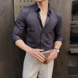 BONSIR  -  High Elasticity Long Sleeve Men's Dress Shirts Business Gentleman Social Slim-fit Men Shirt Casual Button Up Solid Mens Clothing