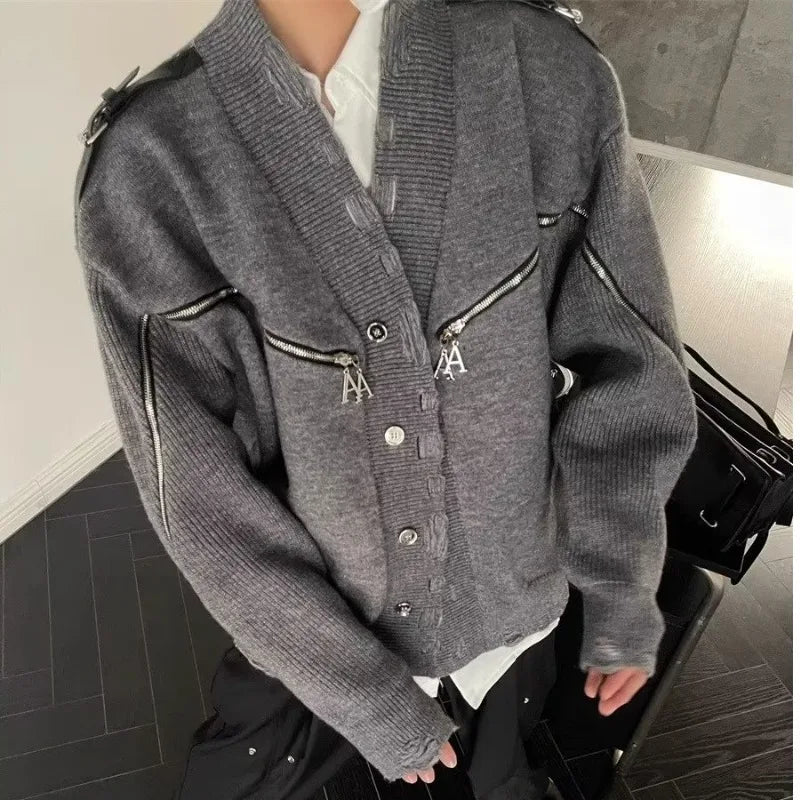 Bonsir Harajuku Double Zipper Knitted Cardigan Men Vintage Loose Knitted Sweater Punk Hip Hop Retro Design Jumpers Jacket