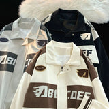 Bonsir American Vintage Racing Jacket Men Cycling Lapel Jacket Women BF Letter Varsity Coat Oversize High Street Vibe Baseball Uniform