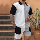 BONSIR  -  Leisure Breathable Knitted Outfits For Men Summer Short Sleeve Loose Shirt And Shorts Two Piece Sets Mens Casual Knitting Suits