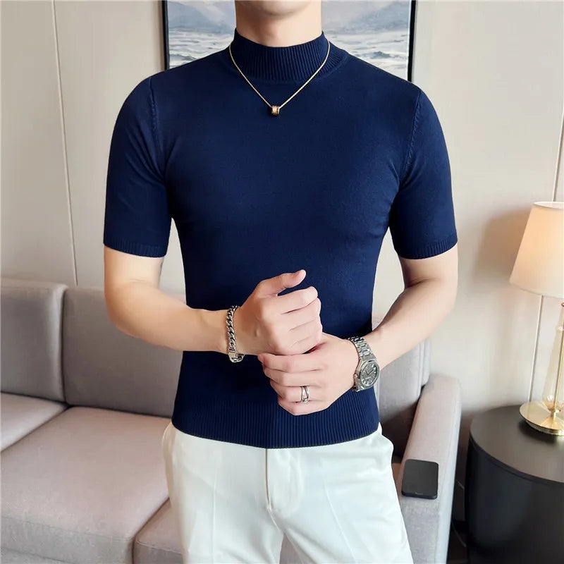 Bonsir Autumn High Quality Short Sleeve Knitted T Shirts  Men Slim Solid Pullovers Half Turtleneck Casual Stretched Tee Shirt Homme