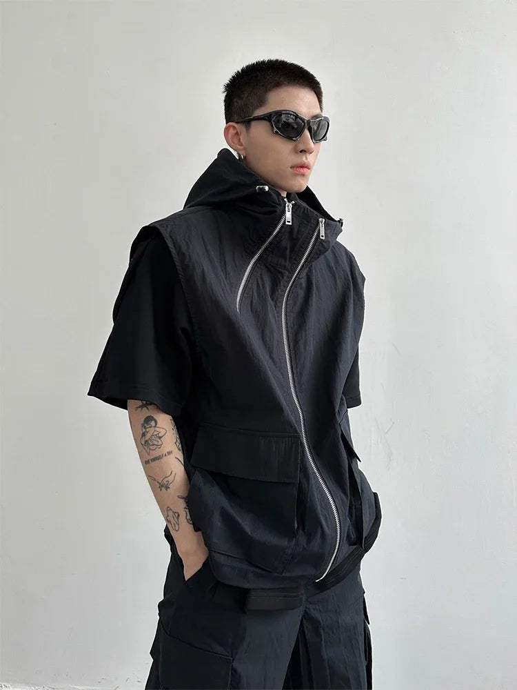 Bonsir Cargo Pants Sets Vest Hooded Summer 2 Piece Outfit Japanese Sleeveless Suit Male Korean Streetwear Hip Hop Plus Size 5XL