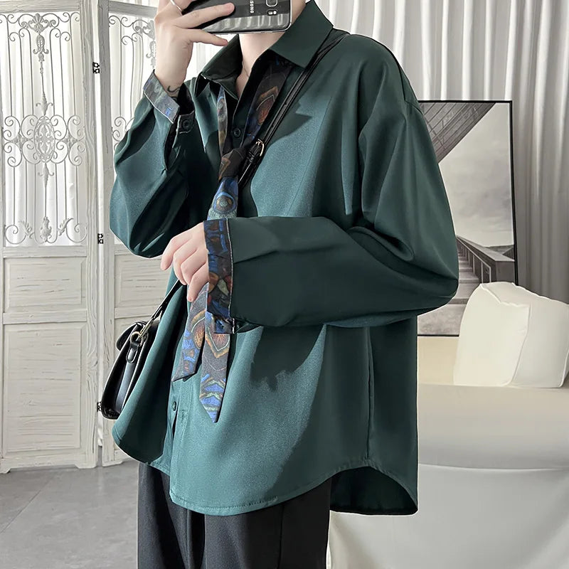 Bonsir Korean Fashion Stylish Long Sleeve Blouses Men Streetwear All-match Handsome Teens Shirt Autumn New Retro Oversize Shirts