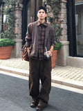 BONSIR  -  American Retro Spliced Knitted irt Collar Cardigan for Men Early Autumn Casual Sle Stand Fit Long Sve Plaid Pattern