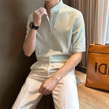 BONSIR  -  New Fashion Striped Stand Collar Men Shirts Luxury Casual Textured Half Sleeve Cardigan Tops Summer Business Slim-fit Blouse