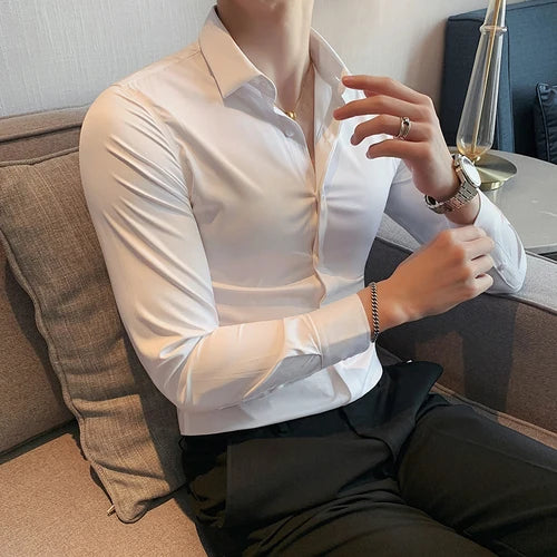 Bonsir 8 Colors High Quality  Men Dress Shirt Autumn Long Sleeve Solid Concealed Placket Shirts Men Business Slim Fit Social Shirt