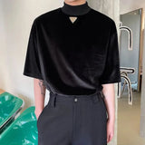 Bonsir Summer Velvet Stand-up Collar Short-sleeved Men's T-shirt Personality Triangle Logo Trend Loose Top Ruffian Handsome Retro