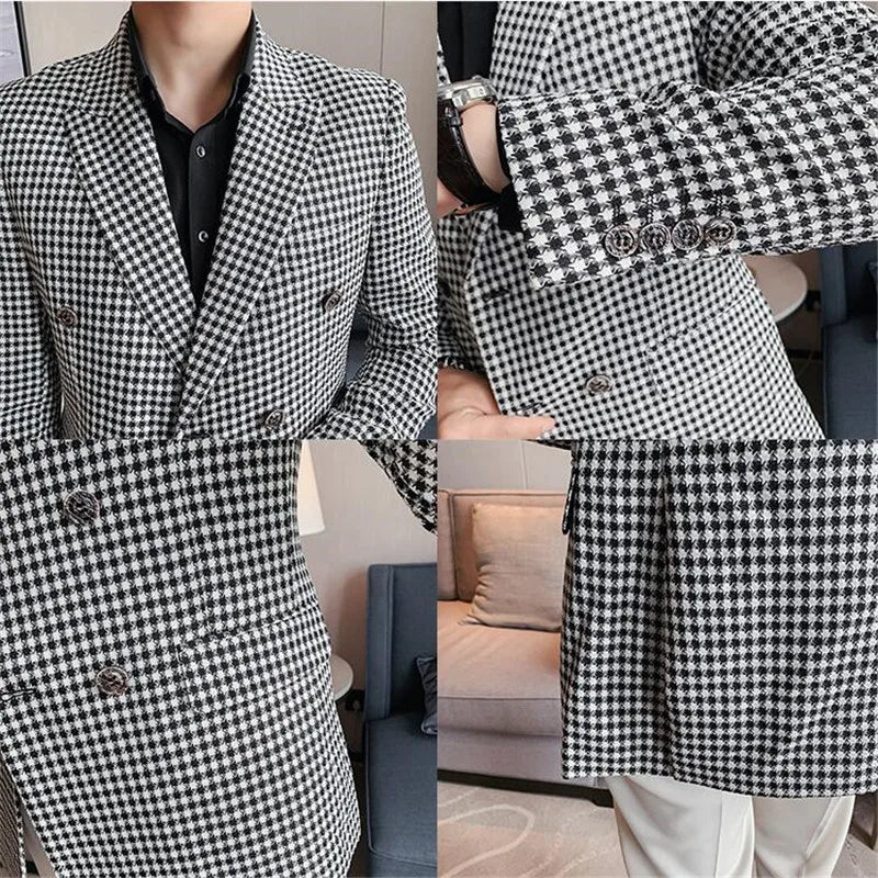 Bonsir British Style Mens Slim Fit Houndstooth Blazer Men New Simple Double Breasted Business Office Wedding Dress Suit Jacket