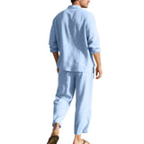 BONSIR  -  Summer Casual Mens Linen Two Piece Suits Leisure Breathable Long Sleeve Shirt And Trousers Men Outfits Fashion Solid Color Sets